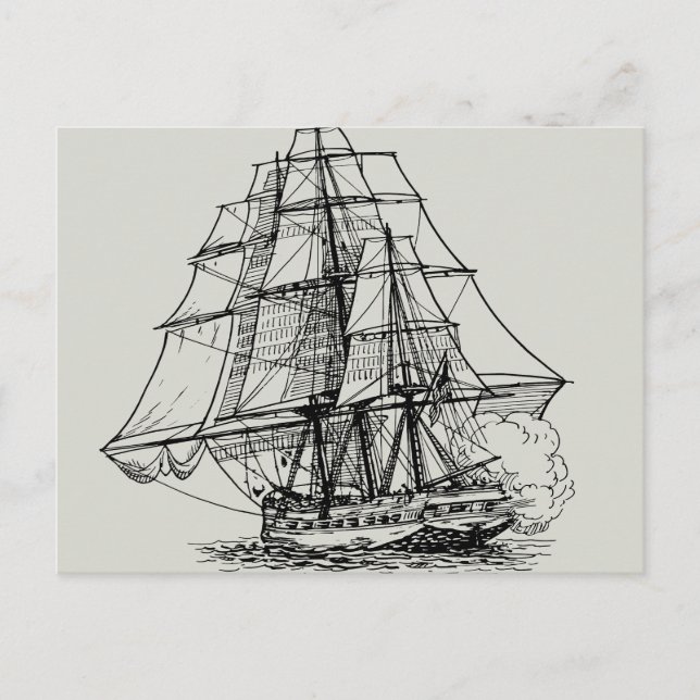 Enkel Svartvit Nautical Boat Pirat Frakt Vykort (Framsida)