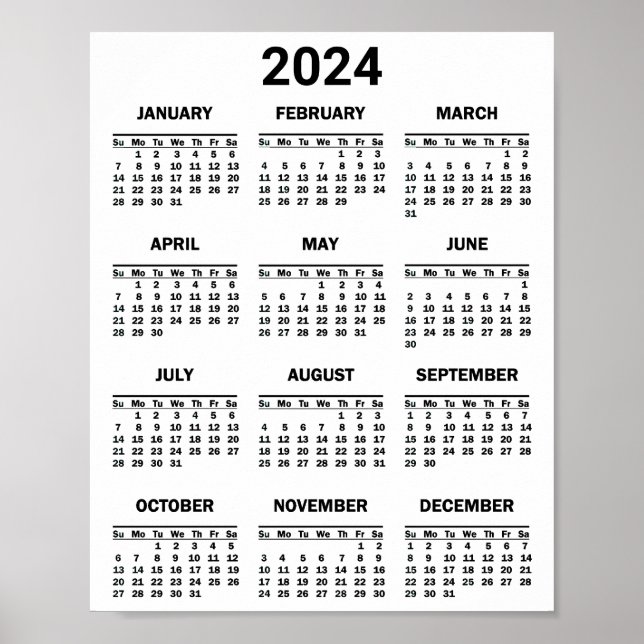 Enkel svartvitt 2024 års snabbkalender poster (Framsidan)