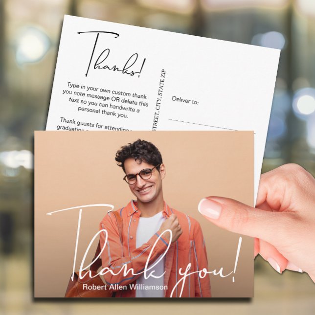 Enkel Tacksamhetskort för Examen med Foto Vykort (Your photo on the front of these graduation thank you postcards, your personal message on the back)