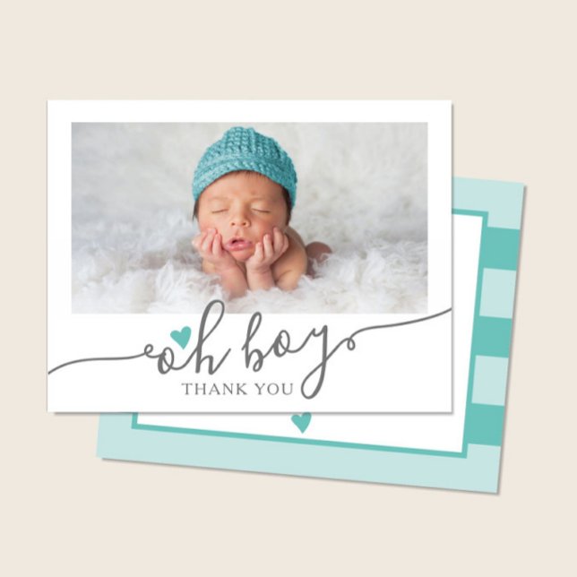 Enkel Teal Hjärtat Pojke Babyfirande Foto Tack Kor Kort (Skapare uppladdad)