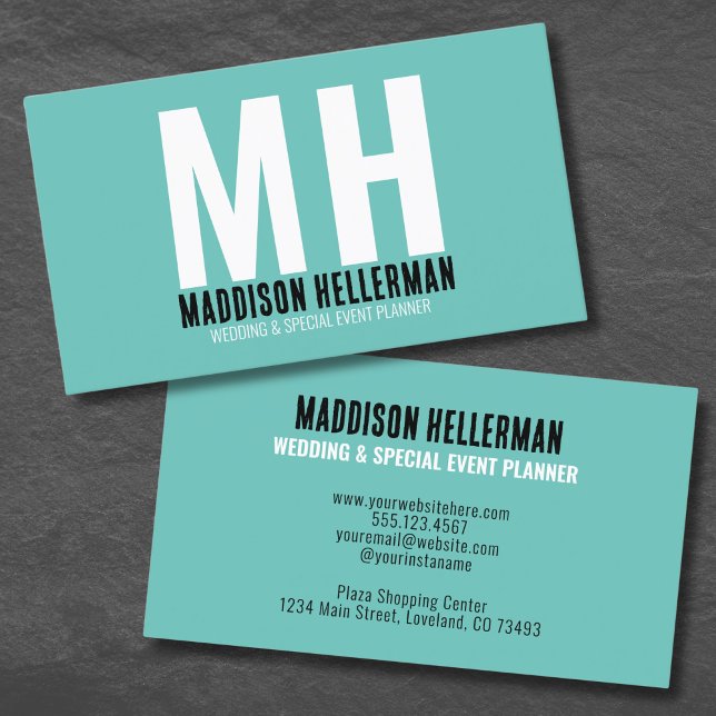 Enkel Teal Modern Monogram Visitkort (Simple Stylish Teal Modern Monogram Business Card )