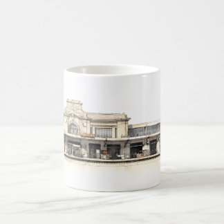 Enkel teckning av en retro-tågstation kaffemugg
