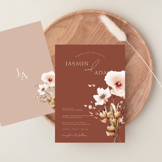 Enkel Terrakotta Rosa Vildblomma Blommig Bröllop Inbjudningar (Simple Terracotta Pink Wildflowers Floral Wedding Invitation)