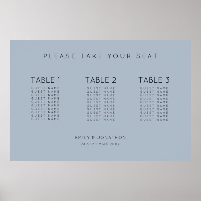 Enkel text 30 gäster 3 bord Blue Seating Chart Poster (Framsidan)