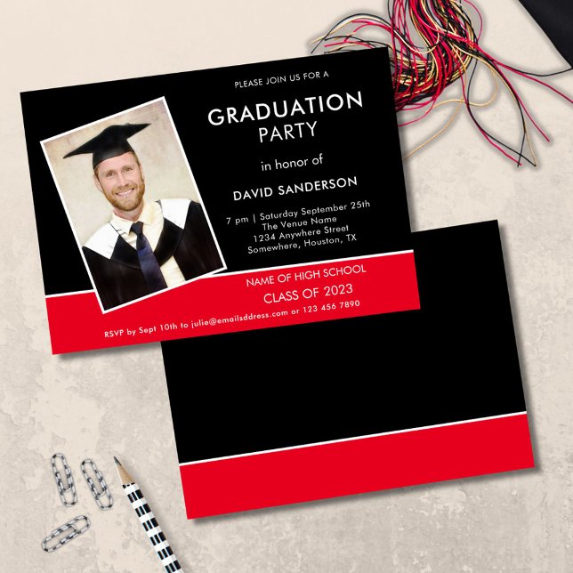Enkel text Photo Guld Black Red 2022 Studenten Inbjudningar (front and back view)