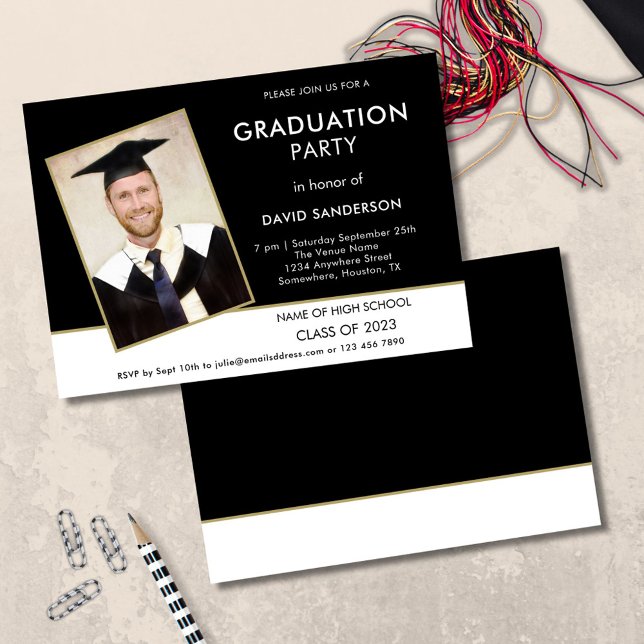 Enkel text Photo Guld White Black 2025 Studenten Inbjudningar (front and back view)