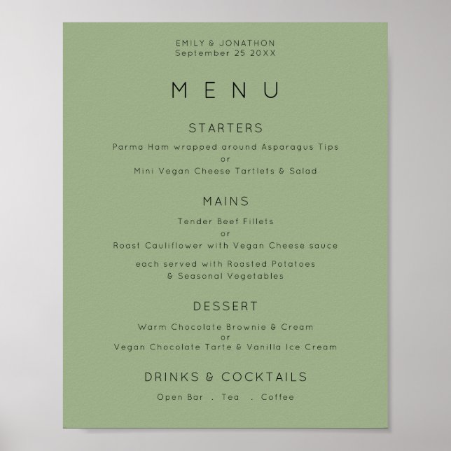 Enkel text Sage Green bröllopsmeny Poster (Framsidan)