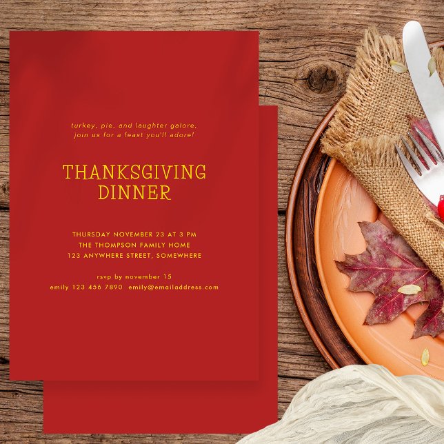 Enkel Thanksgiving, innerfärg, röd Guld Inbjudningar (Available digitally and printed)