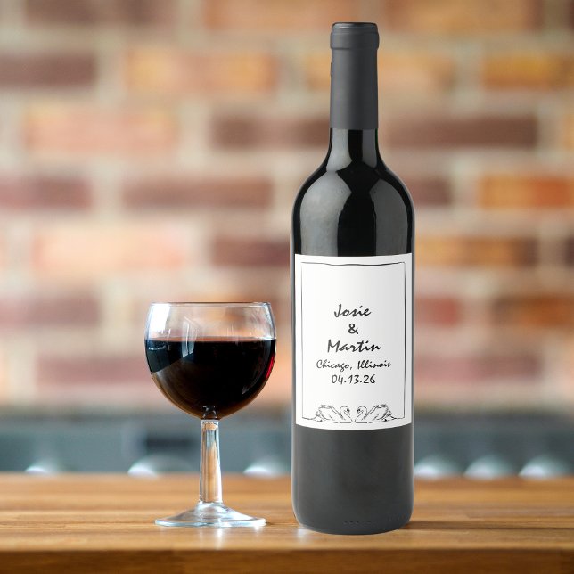 Enkel tids handskriven Anpassningsbar Svan Bröllop Vinflaska Etikett (Classic wine label with elegant swans for a romantic wedding. Timeless design with French charm.)