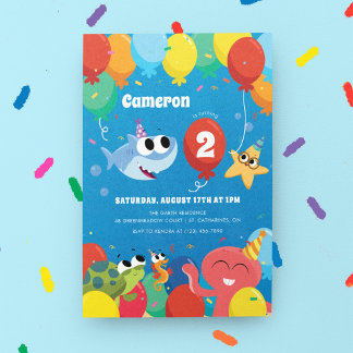 Enkel toppen | Finny the Shark Balloons Birthday Inbjudningar