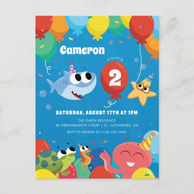 Enkel toppen | Finny the Shark Balloons Birthday Vykort (Framsida)