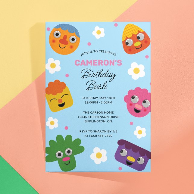 Enkel toppen | Noodle & Pals Blue Blommigt Birthda Inbjudningar (Invitation on table)