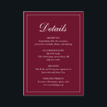 Enkel traditionell Elegant Burgundy Bröllop Tilläggskort<br><div class="desc">Det traditionella bröllop-burgundabinettet i stil med enkel utformning och "Detaljer" i en kalligrafi av eleganten inuti ett tunt gräns. Med mallen kan du  viktig information om din speciella dag. Den här klassiska designen är perfekt för ett formellt bröllop.</div>