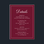 Enkel traditionell Elegant Burgundy Bröllop Tilläggskort<br><div class="desc">Det traditionella bröllop-burgundabinettet i stil med enkel utformning och "Detaljer" i en kalligrafi av eleganten inuti ett tunt gräns. Med mallen kan du  viktig information om din speciella dag. Den här klassiska designen är perfekt för ett formellt bröllop.</div>
