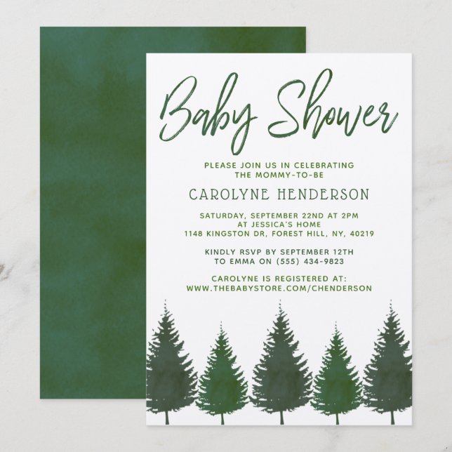 Enkel trädstödschema Gräs Träd Greenery Baby Showe Inbjudningar (Fram/baksida)