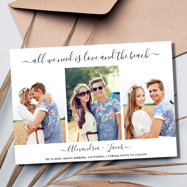 Enkel tre foto Kärlek och Beach Wedding Spara Datumet (Simple Three Photo Love and the Beach Wedding Save The Date)
