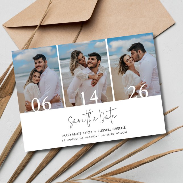 Enkel tre fotopatbröllop spara datumet (Simple Three Photo Beach Wedding Save The Date)