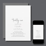 Enkel Trendig Modern minimalistisk 21:a födelsedag Inbjudningar<br><div class="desc">Det här moderna manuset,  21:a födelsedag,  inbjudan i grått och vitt.</div>