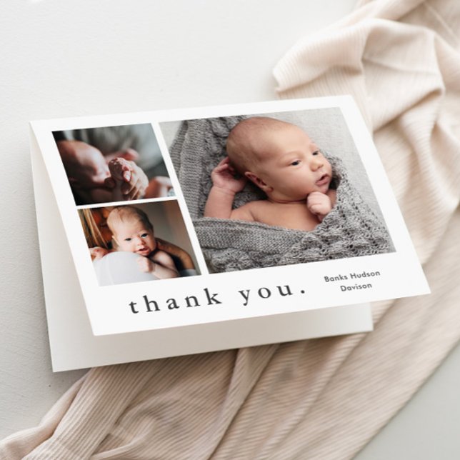 Enkel Typ Foto Collage Bebis Tack Kort (Simple typography 3 photo collage baby thank you card.)