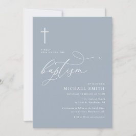 enkel typografi, dammig blå baptism inbjudan