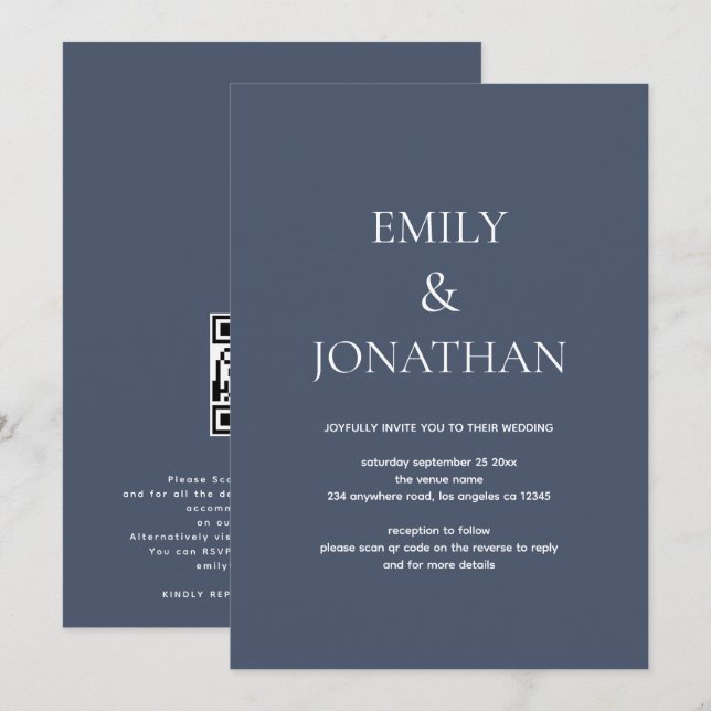 Enkel typografi Dusty Navy QR-kod Bröllop Inbjudningar (Fram/baksida)