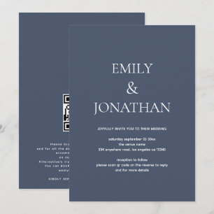 Enkel typografi Dusty Navy QR-kod Bröllop Inbjudningar
