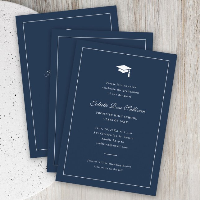 Enkel typografi-examen inbjudningar (Elegant navy blue simple type graduation party invitation.)