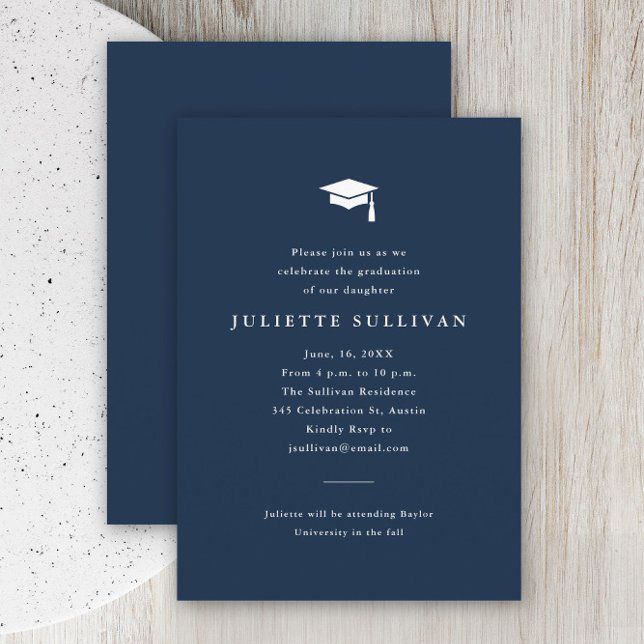 Enkel typografi examen inklusionskort tilläggskort (Simple typography navy blue graduation invitation announcement enclosure card.)