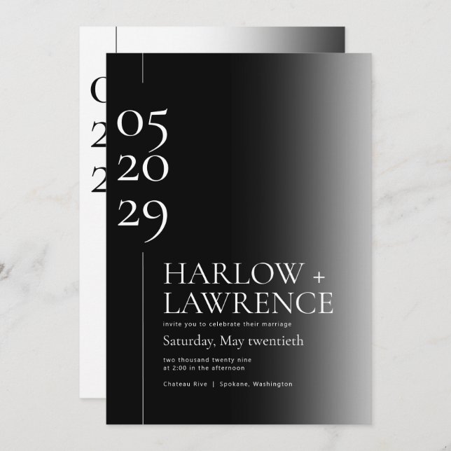 Enkel typografi - inbjudan till svartvitt-bröllop (Fram/baksida)