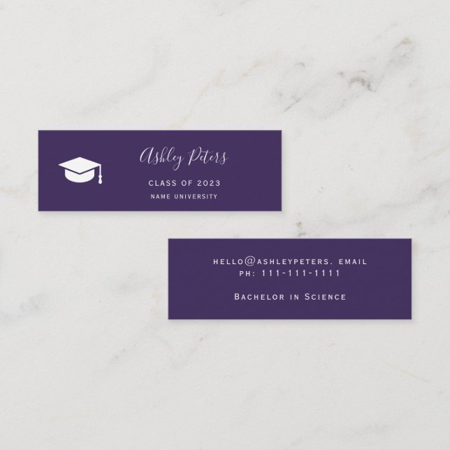Enkel typografi lila vit hatt studenten mini visitkort (Fram/baksida)