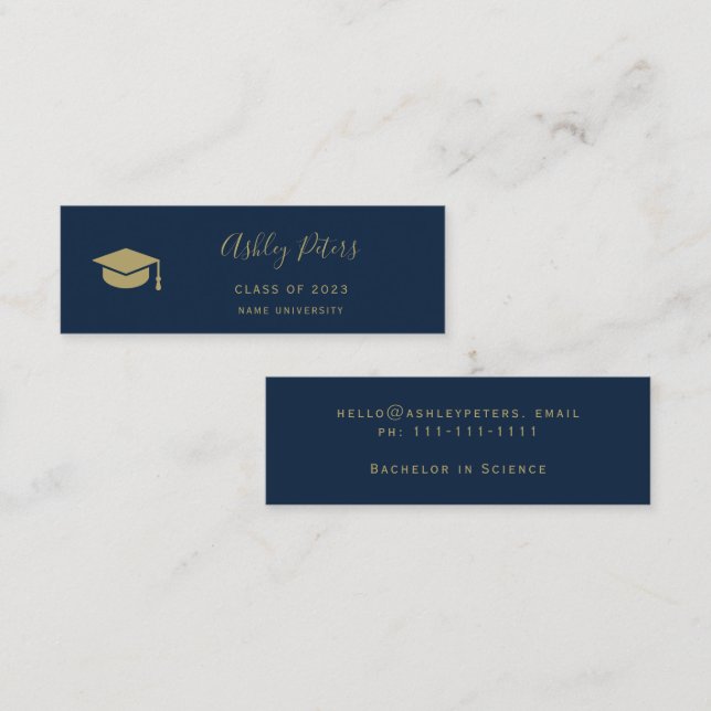 Enkel typografi marin blå guld-sockel studenten mini visitkort (Fram/baksida)