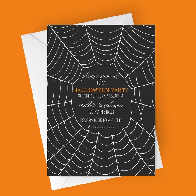 Enkel typografi, Spindelnät Halloween fest Inbjudningar (Simple Typography Large Spiderweb Modern Halloween Party Invitation)