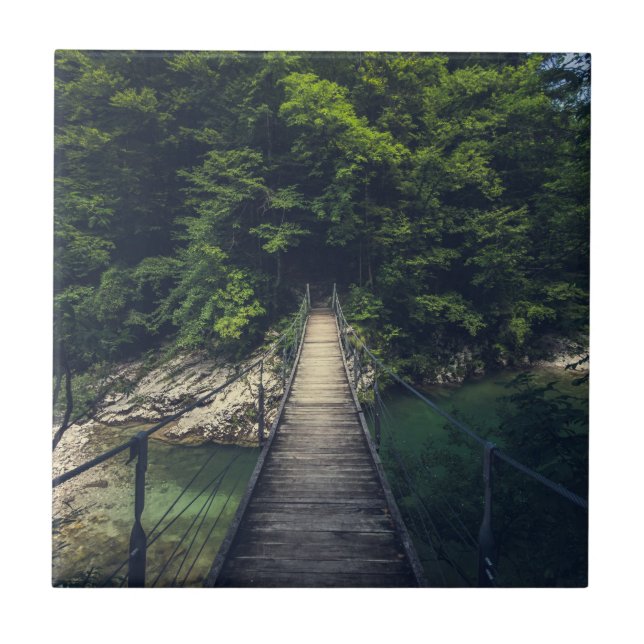 Enkel upphängningsbro över floden Idrijca, Slove Kakelplatta (Framsidan)