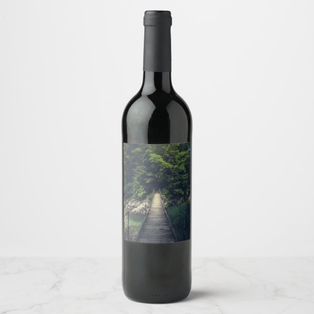 Enkel upphängningsbro över floden Idrijca, Slove Vinflaska Etikett (Framsida)
