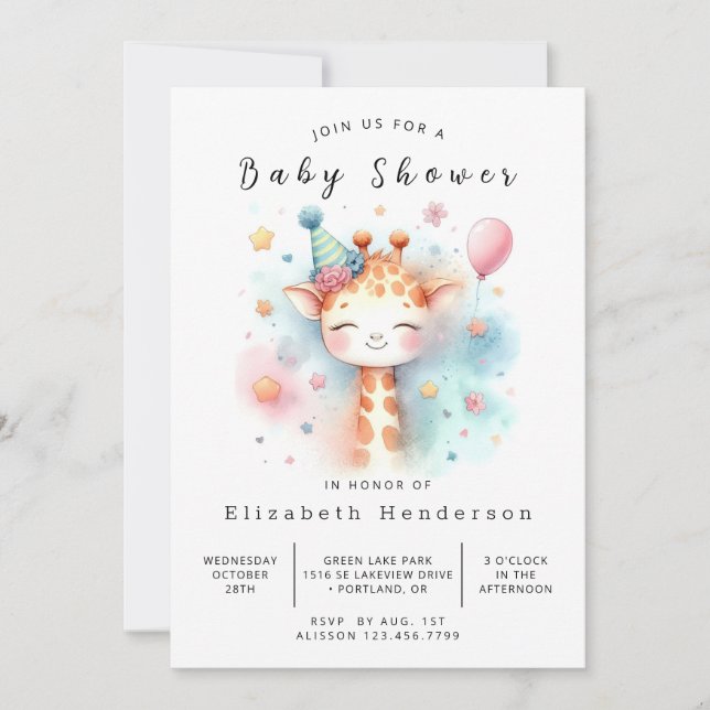 Enkel utskrivbar Giraffe Baby Shower Inbjudningar (Framsida)