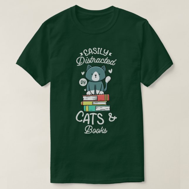 Enkel utspridd av katter och bokar manar Cat Bok L T Shirt (Design framsida)