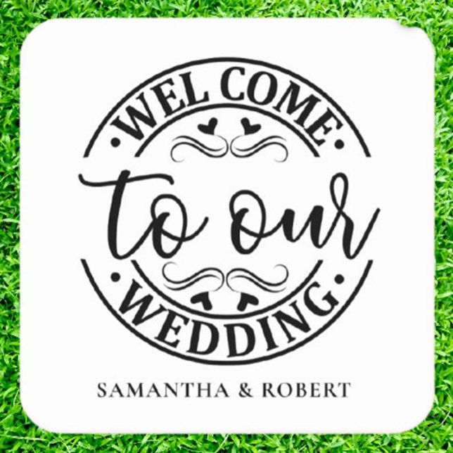 ENKEL VÄLKOMMEN BRÖLLLOP  UNDERLÄGG PAPPER KVADRAT (Make your special day memorable with a Wedding Simple drink coasters)