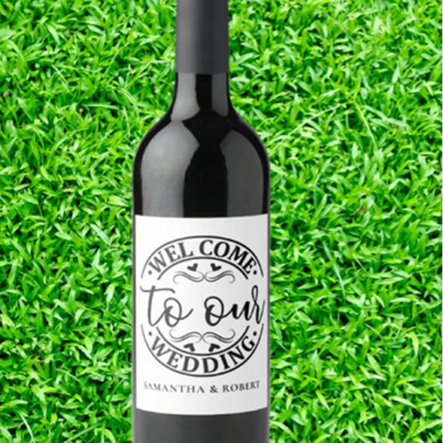 ENKEL VÄLKOMMEN BRÖLLLOP  VINFLASKA ETIKETT (Welcome to a Wonderful Celebration with our WINE LABEL)