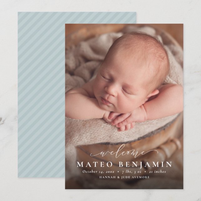 Enkel välkomstskript blåfoto meddelande (Fram/baksida)