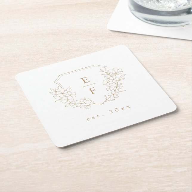 Enkel Vapensköld för Guld Cherry Blommar Monogram  Underlägg Papper Kvadrat (Vinklad)