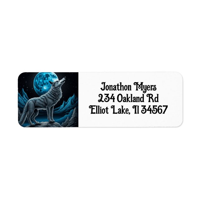 Enkel Varg och Full Moon Black and Blue Returadress Etikett (Framsidan)