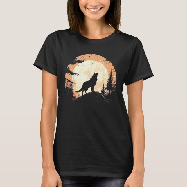 Enkel Varg under Måne bergsgrafik T Shirt (Framsida)