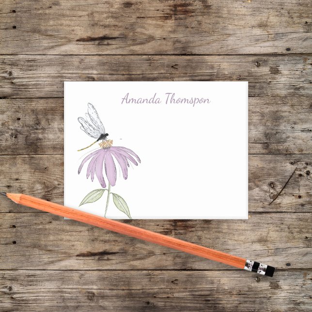 Enkel vattenfärg botanisk anpassad namn post-it block (Purple cone flower and dragonfly custom post it notes. )