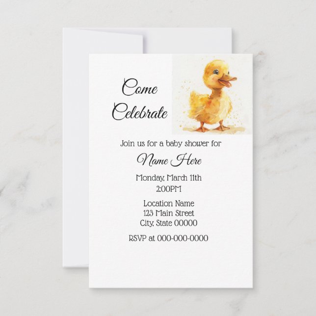Enkel vattenfärg Duckling Baby Shower Inbjudningar (Framsida)