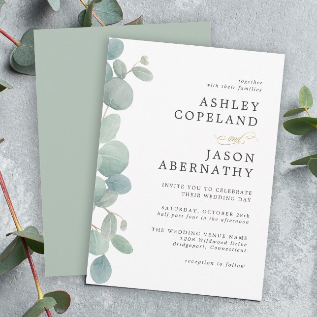 Enkel vattenfärg Eucalyptus Gräns Bröllop Inbjudningar (A simple watercolor eucalyptus border make this wedding invite a versatile choice for all seasons.)