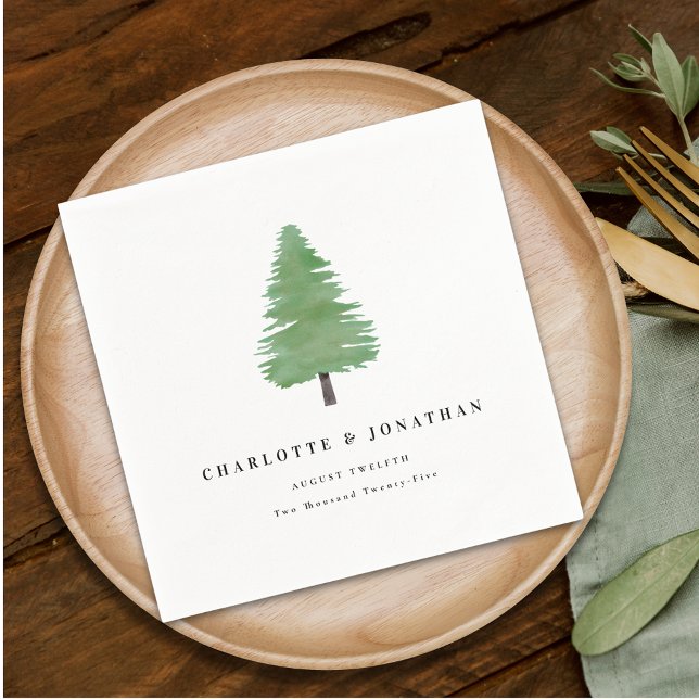 Enkel vattenfärg Fir Träd Woodland Bröllop Pappersservett (Personalized elegant modern simple Woodland watercolor Wedding napkins)