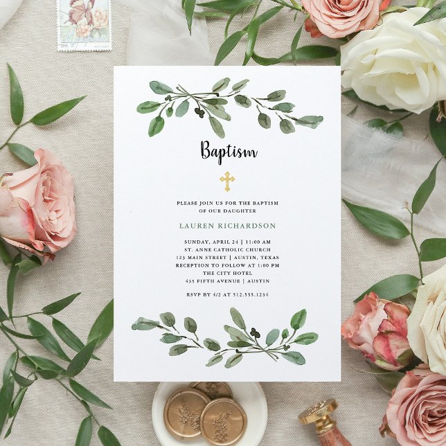 Enkel vattenfärg Grey och Guld | Baptism Inbjudningar (Skapare uppladdad)