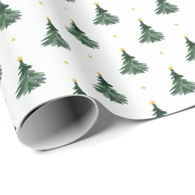 Enkel Vattenfärg Gröna Träd Guld Stjärnor Jul Presentpapper (Rullad Hörn)