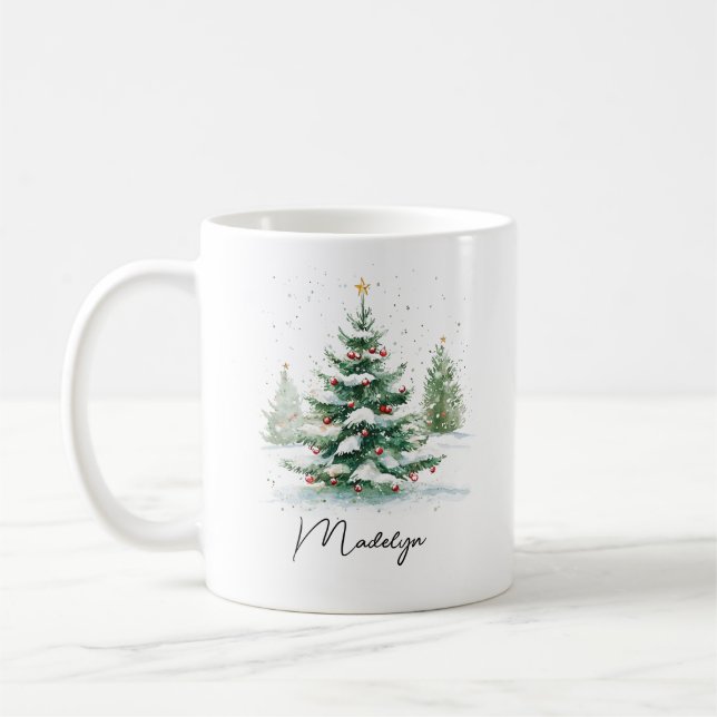 Enkel vattenfärg julgran med skrivstil  kaffemugg (Vänster)
