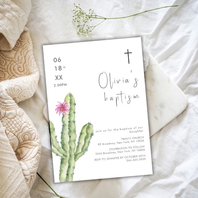 Enkel vattenfärg Kuctus Flower Kor-baptism Inbjudningar (Simple Watercolor Cuctus Flower Cross Baptism Invitation)